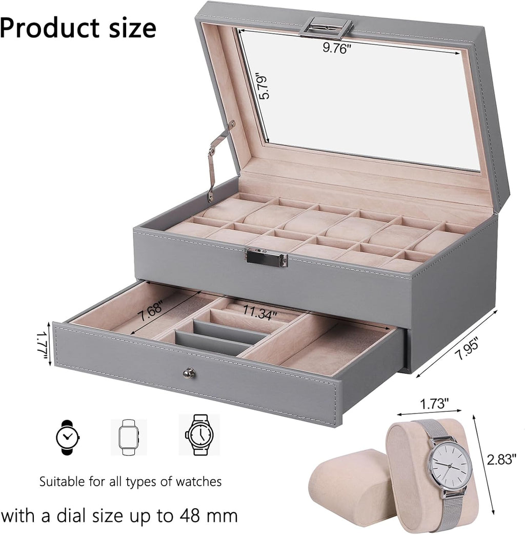 Watch Case 12-Slot Watch Box Organizer Case with Jewelry Display Drawer Adjustable Tray Watch Storage Case for Men with Glass Top Watch Case Jewelry Box for Women Men, Grey SSH02H