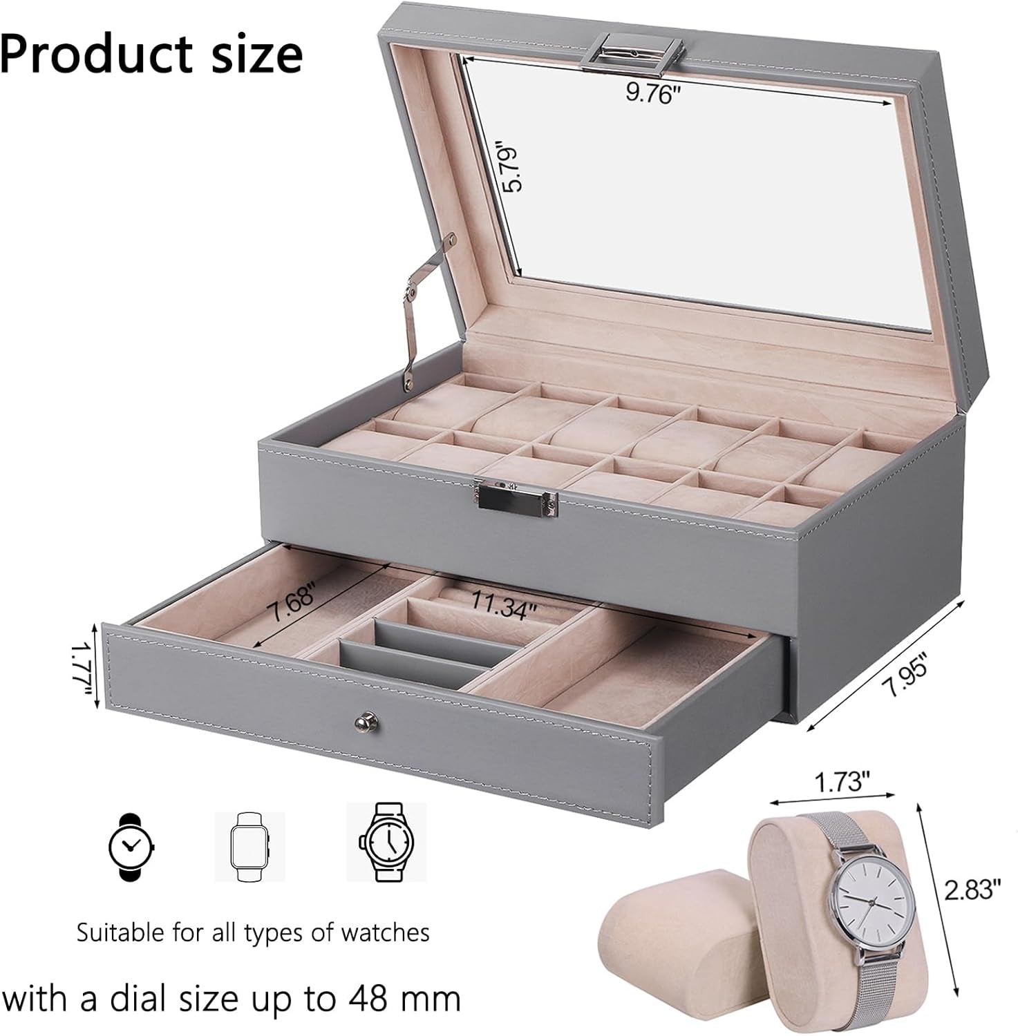 Watch Case 12-Slot Watch Box Organizer Case with Jewelry Display Drawer Adjustable Tray Watch Storage Case for Men with Glass Top Watch Case Jewelry Box for Women Men, Grey SSH02H
