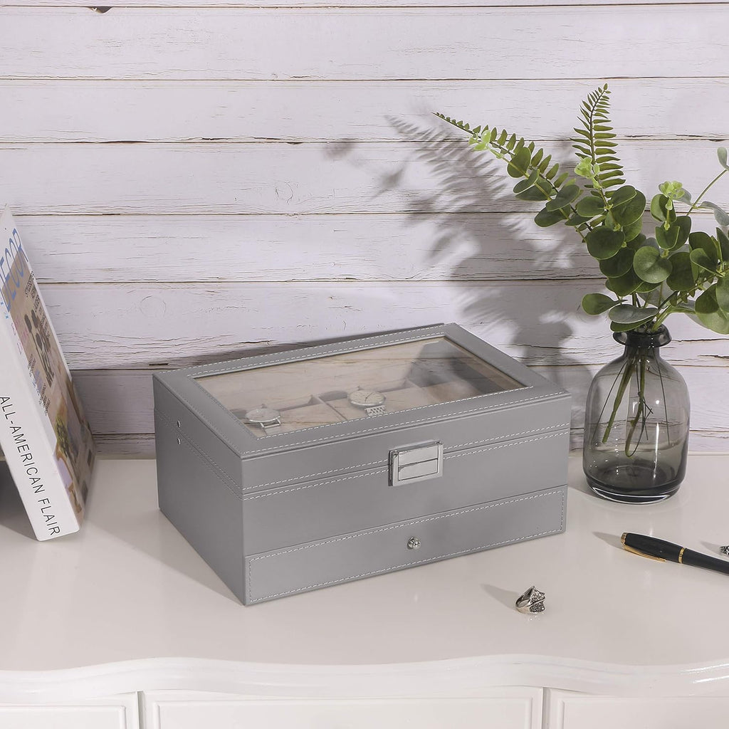 Watch Case 12-Slot Watch Box Organizer Case with Jewelry Display Drawer Adjustable Tray Watch Storage Case for Men with Glass Top Watch Case Jewelry Box for Women Men, Grey SSH02H