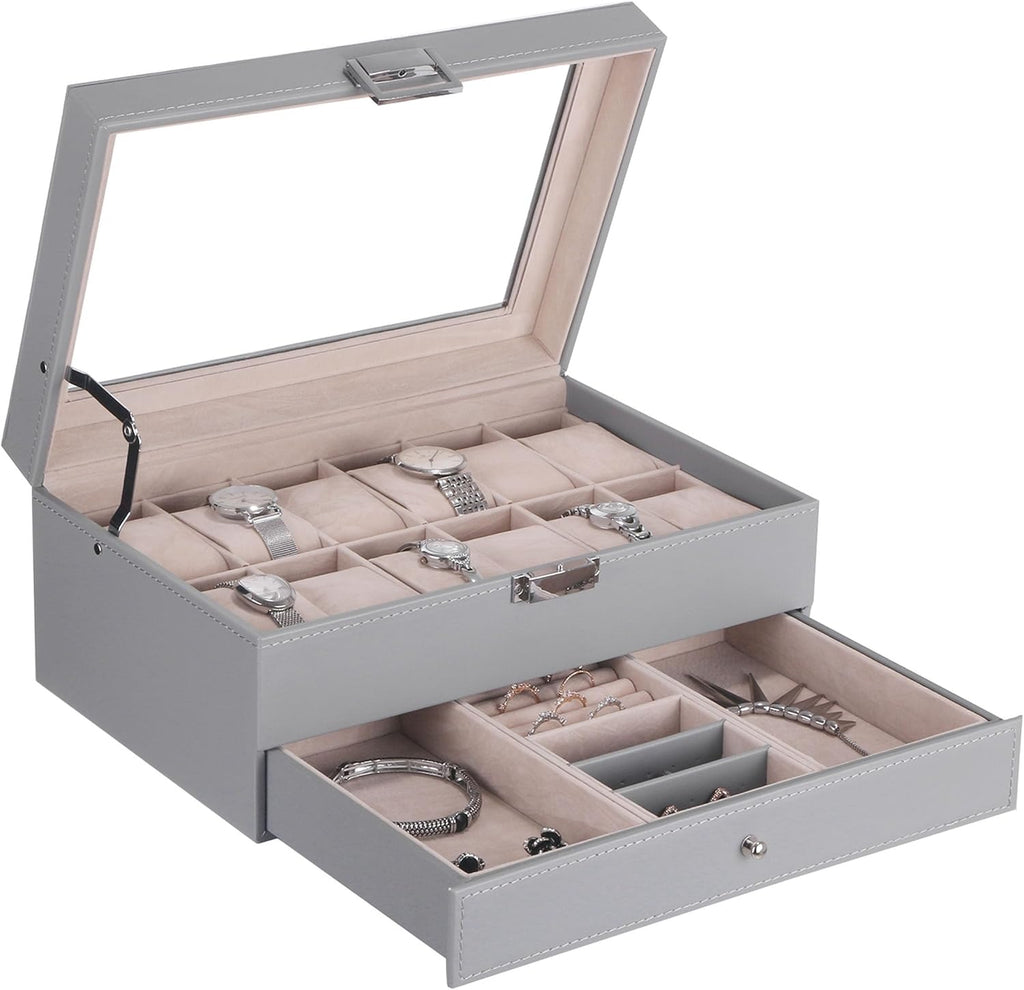 Watch Case 12-Slot Watch Box Organizer Case with Jewelry Display Drawer Adjustable Tray Watch Storage Case for Men with Glass Top Watch Case Jewelry Box for Women Men, Grey SSH02H
