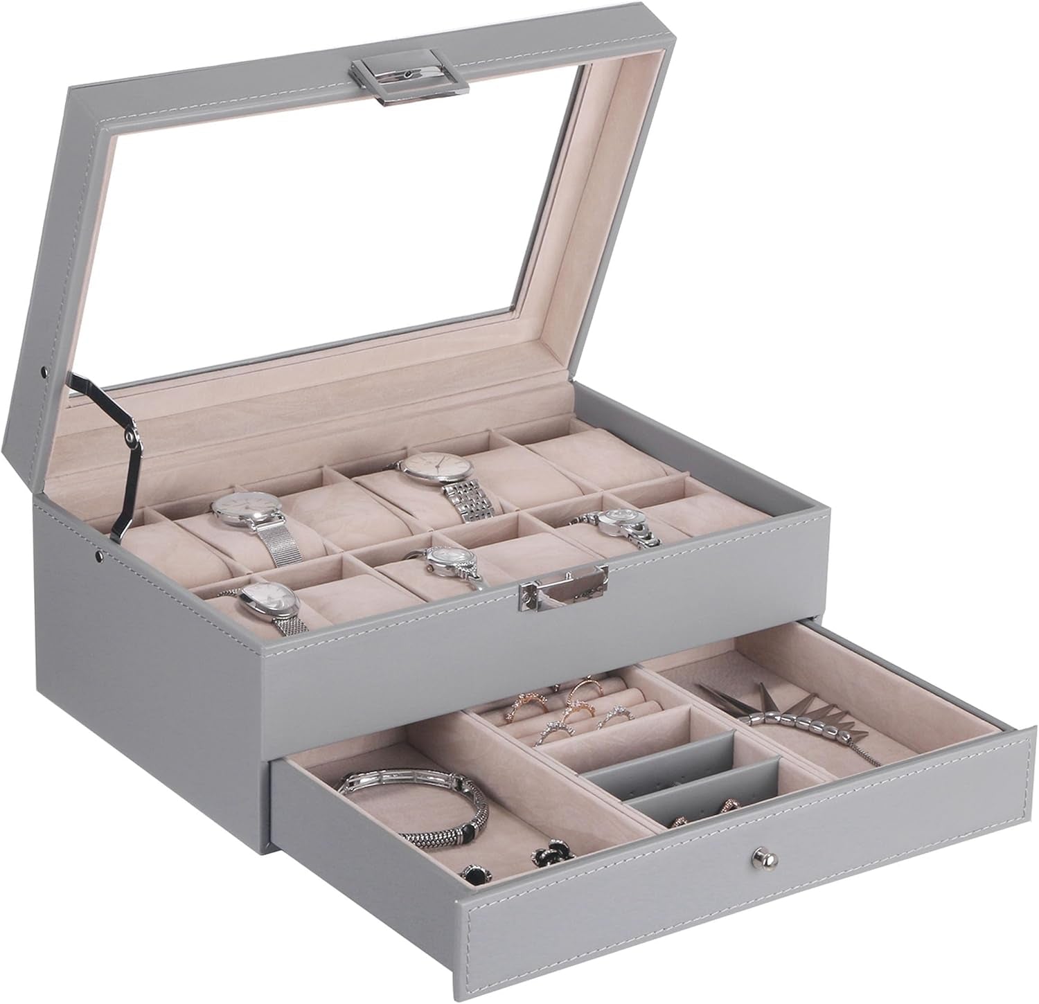 Watch Case 12-Slot Watch Box Organizer Case with Jewelry Display Drawer Adjustable Tray Watch Storage Case for Men with Glass Top Watch Case Jewelry Box for Women Men, Grey SSH02H