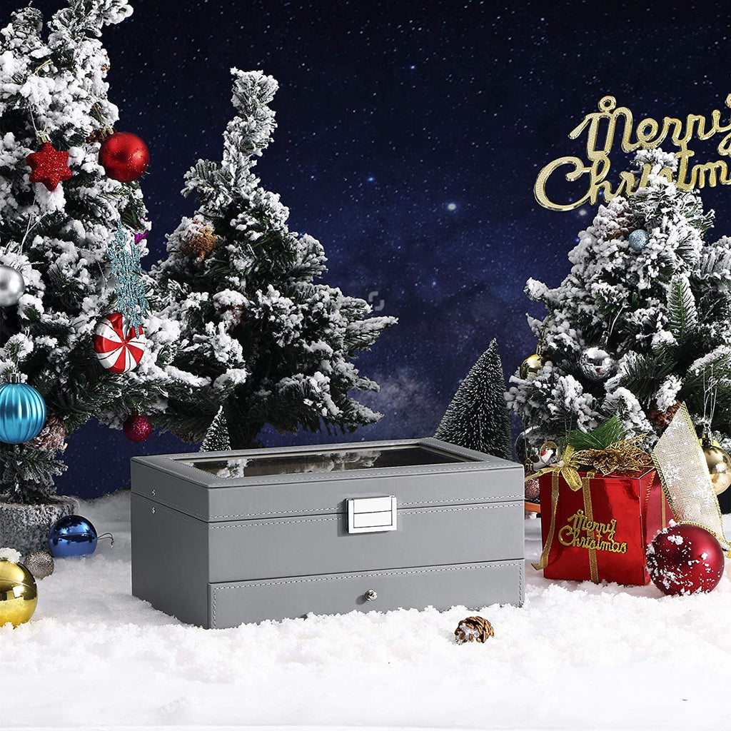 Watch Case 12-Slot Watch Box Organizer Case with Jewelry Display Drawer Adjustable Tray Watch Storage Case for Men with Glass Top Watch Case Jewelry Box for Women Men, Grey SSH02H