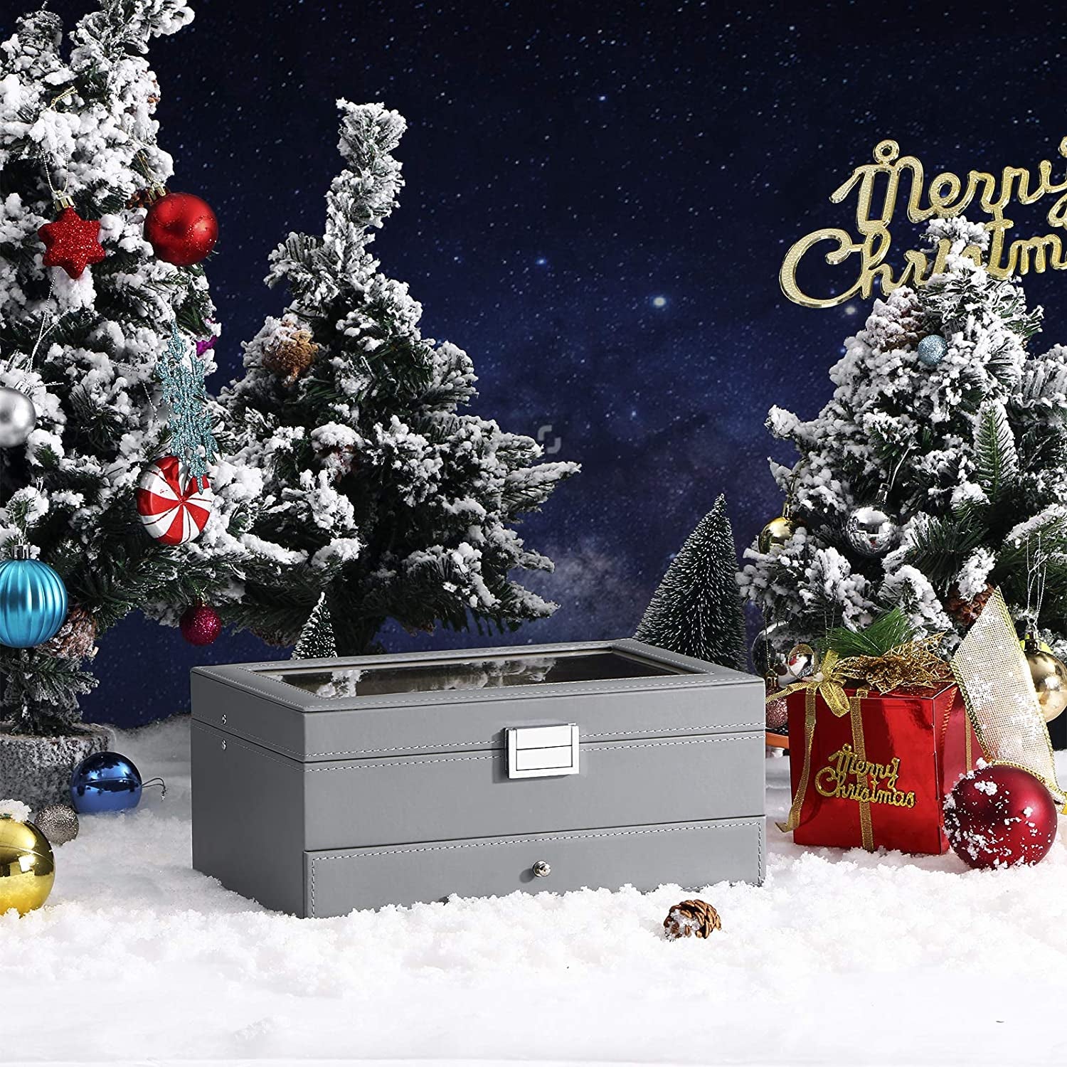 Watch Case 12-Slot Watch Box Organizer Case with Jewelry Display Drawer Adjustable Tray Watch Storage Case for Men with Glass Top Watch Case Jewelry Box for Women Men, Grey SSH02H