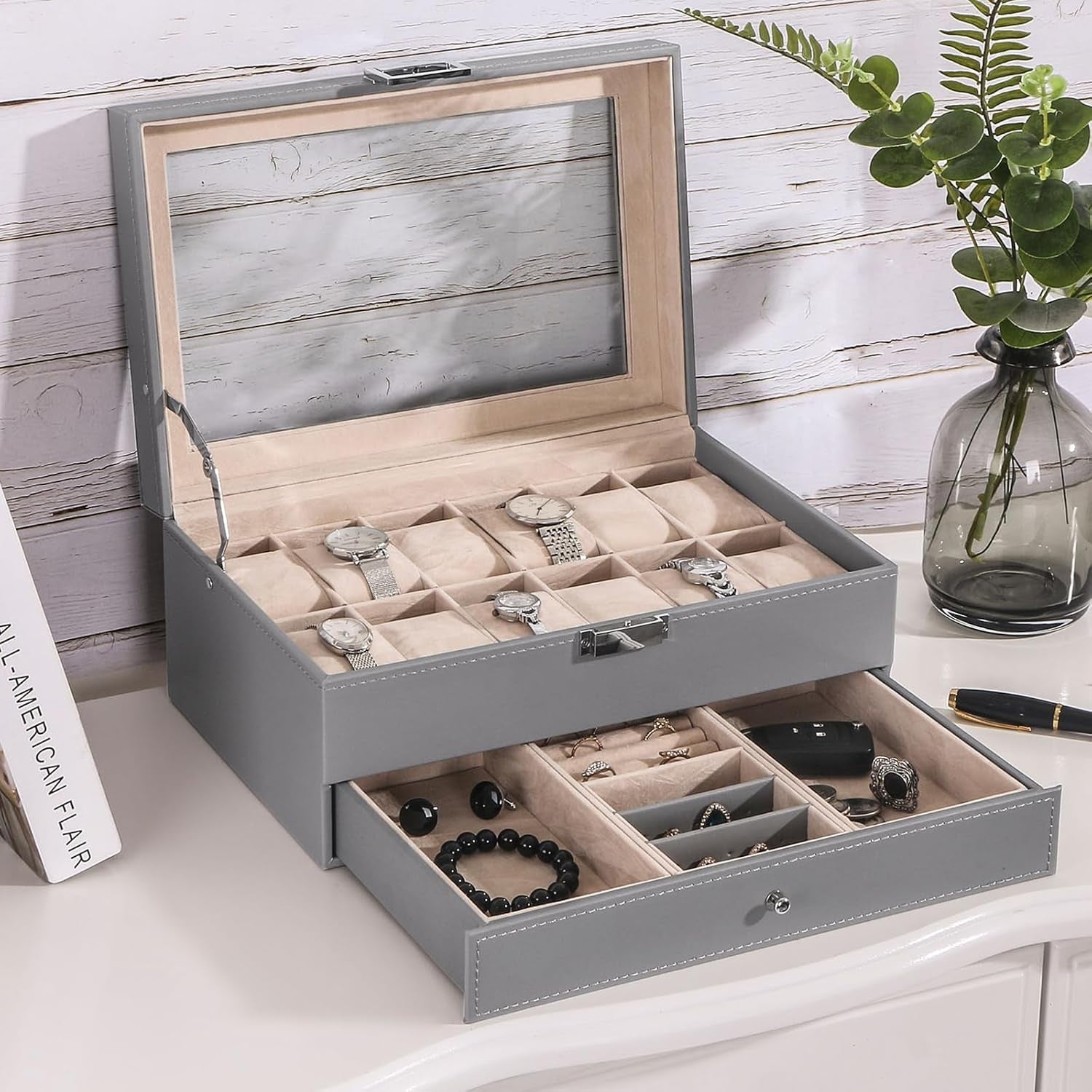 Watch Case 12-Slot Watch Box Organizer Case with Jewelry Display Drawer Adjustable Tray Watch Storage Case for Men with Glass Top Watch Case Jewelry Box for Women Men, Grey SSH02H
