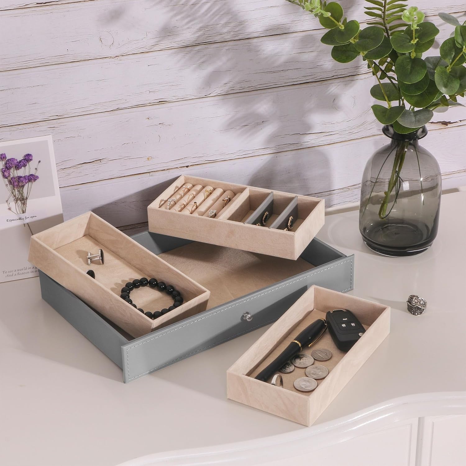 Watch Case 12-Slot Watch Box Organizer Case with Jewelry Display Drawer Adjustable Tray Watch Storage Case for Men with Glass Top Watch Case Jewelry Box for Women Men, Grey SSH02H