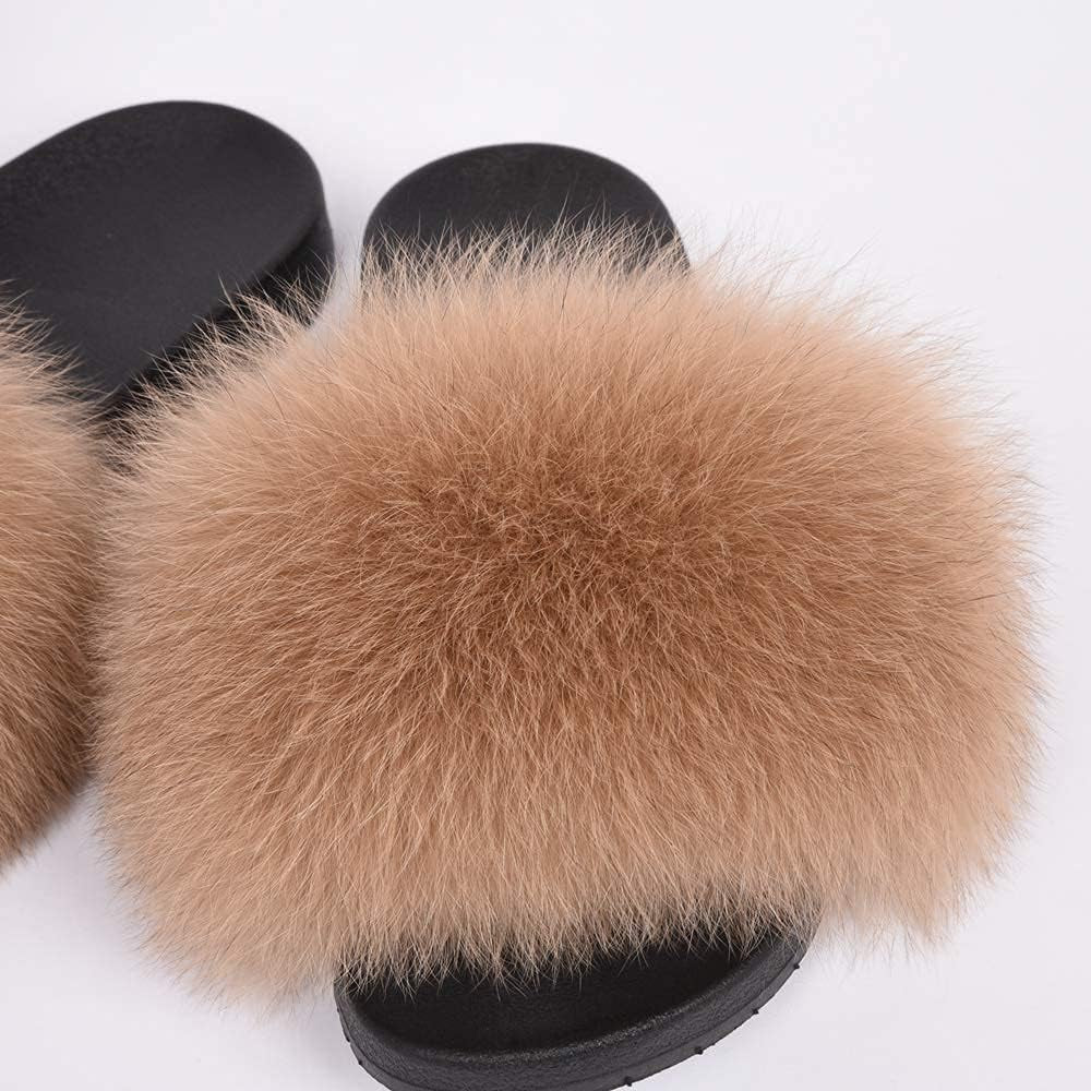 Real Fox Fur Slides for Women - Fluffy Fur Slippers Open Toe Flat Sandals for Outdoor