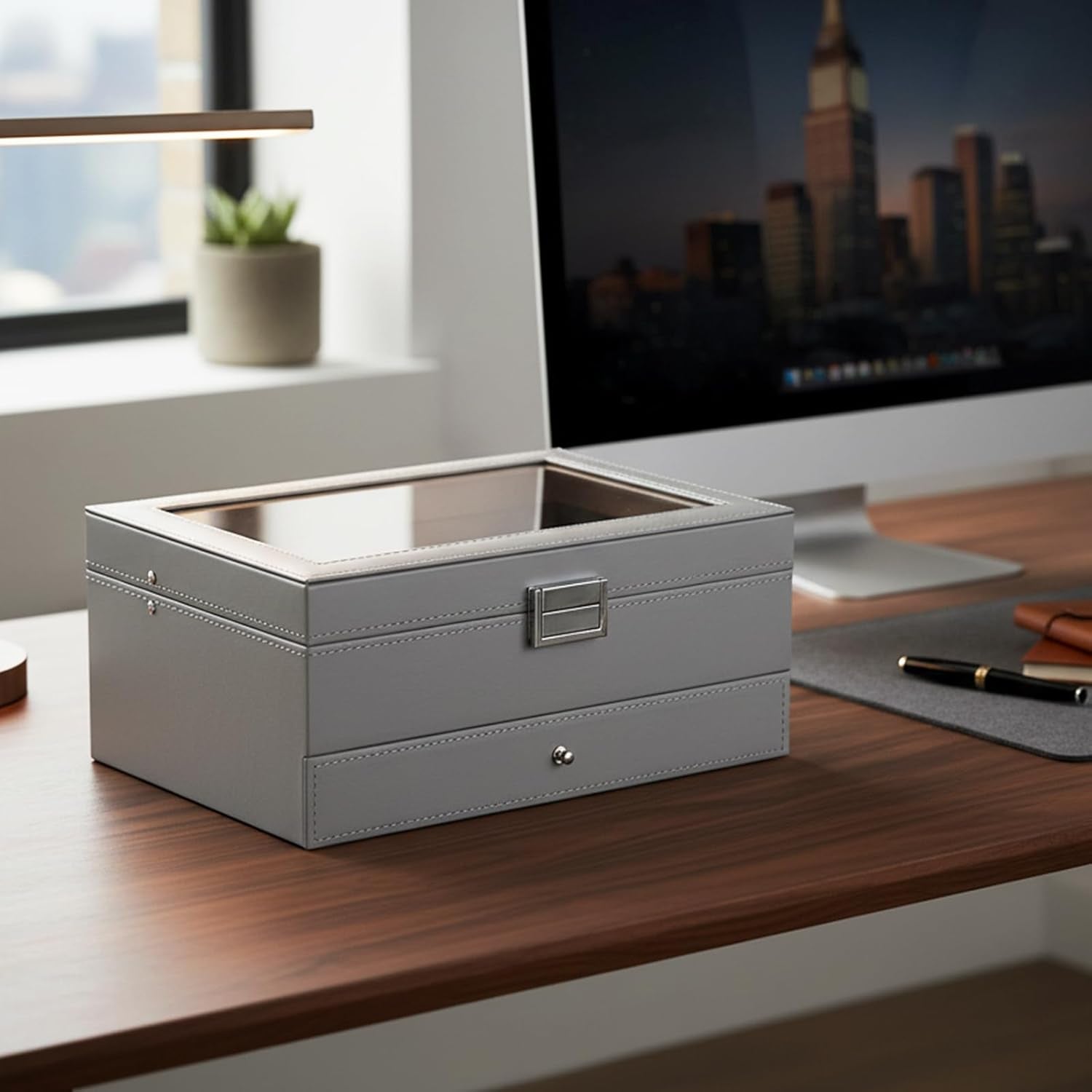 Watch Case 12-Slot Watch Box Organizer Case with Jewelry Display Drawer Adjustable Tray Watch Storage Case for Men with Glass Top Watch Case Jewelry Box for Women Men, Grey SSH02H